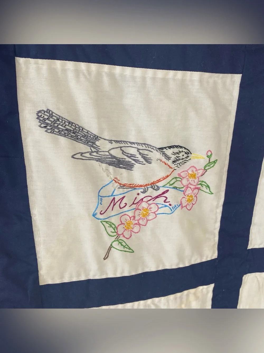 Vintage Embroidered State Bird Blocks Quilt 50 States 96” X 109”